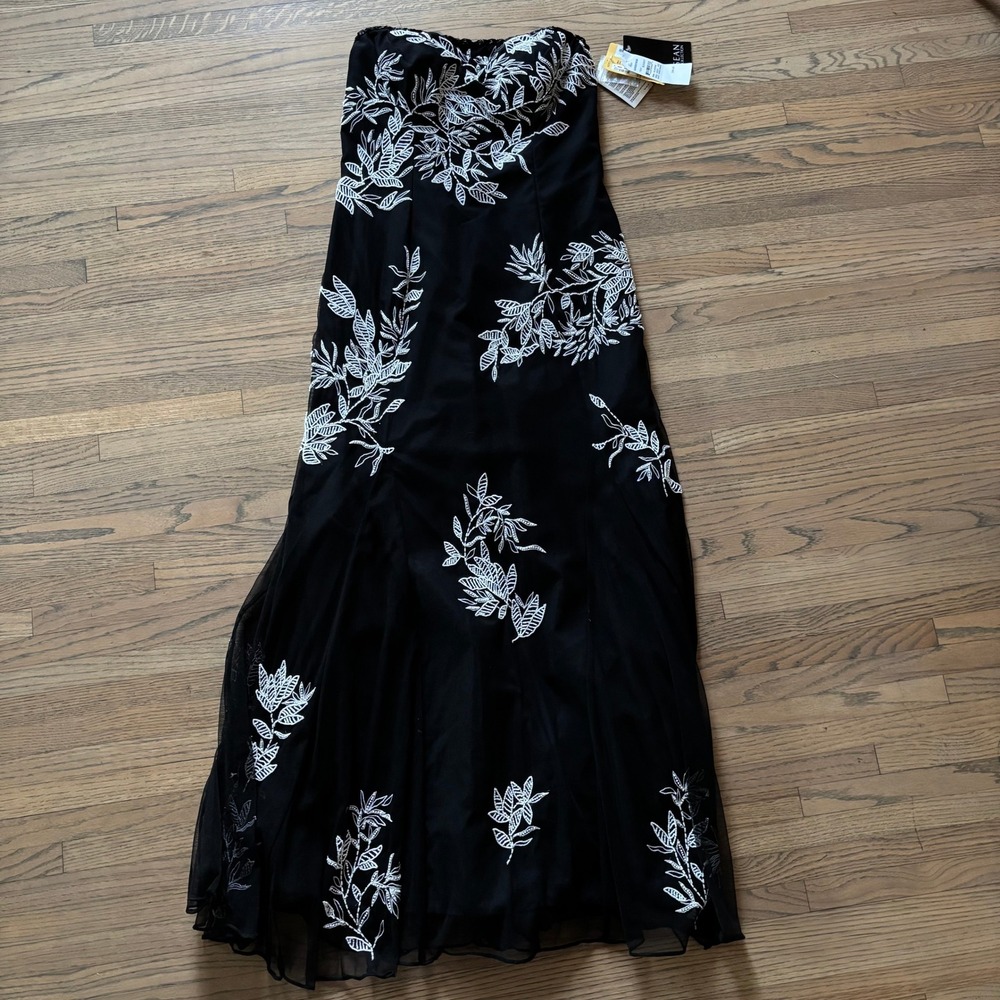 Sean Collection Black White Beaded‎ Embroidered Strapless Maxi Gown Dress XL NWT